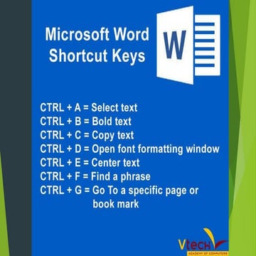 Ms Word Shortcut Keys - Vtech Academy | PPT