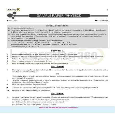 Physics Sample Paper with General Instruction for Class - 12