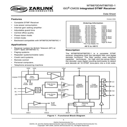 Electrónica: Receptor DTMF integrado MT8870D/MT8870D-1 (Datasheet)