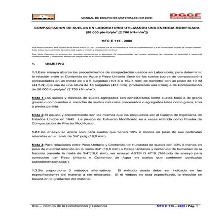 PROCTOR MODIFICADO MTC E-115 2000  SEGUN ASTM D-1557