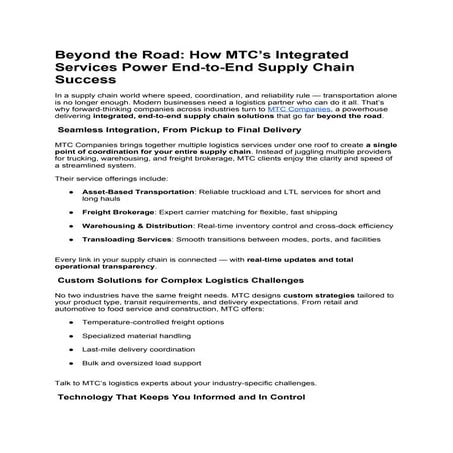 Beyond the Road: How MTC’s Integrated Services Power End-to-End Supply Chain Success