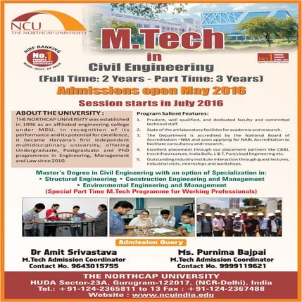 Admission open for M.tech 2016 in Civil Engineering - The Northcap University Gurgaon