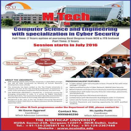 M.tech admission 2016 - M tech in Computer Science and Engineering with Specialization in Cyber Security - The Northcap University Gurgaon