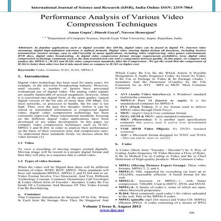 Performance Analysis of Various Video Compression Techniques