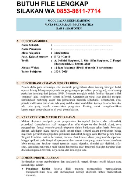 Modul Ajar Deep Learning MTK Kelas 10 SMA Terbaru 2025