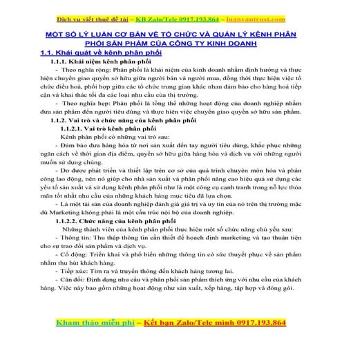 Một số lý luận cơ bản về tổ chức và quản lý kênh phân phối sản phẩm của công ...