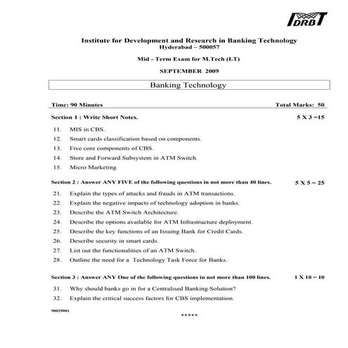 Banking Technology (Mid Term 1) Papers sep-2009 | DOC