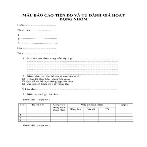 Mẫu báo cáo tiến độ và tự đánh giá hoạt động nhóm