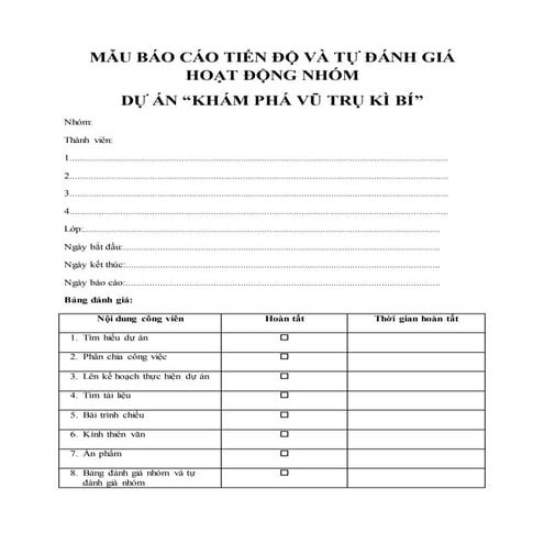 Mẫu báo cáo tiến độ và tự đánh giá hoạt động nhóm