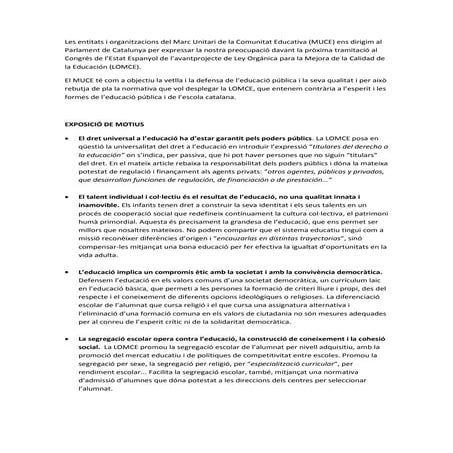 El MUCE davant la LOMCE petició al Parlament de Catalunya