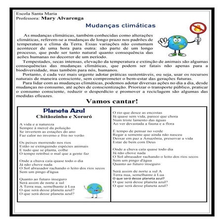 Mudanças  Climáticas. Texto  e  atividade