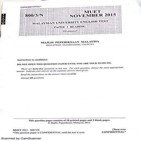 Muet-Reading 800/3 Year End November 2015 | PDF