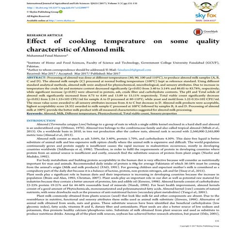 Effect of cooking temperature on some quality characteristic of Almond milk