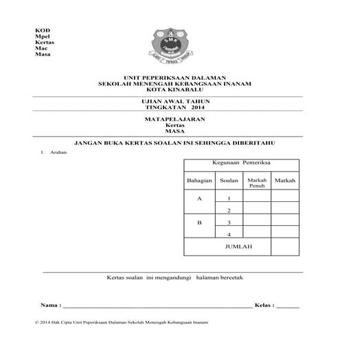 Muka depan kertas exam