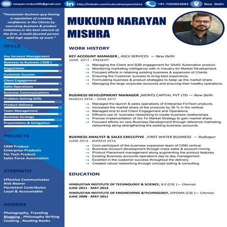 Key Account Manager Profile One Pager Resume