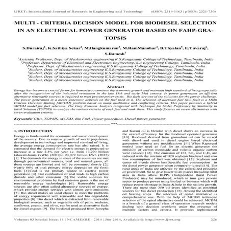 Multi   criteria decision model for biodiesel selection in an electrical powe...