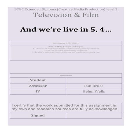 Multicamera tv brief 1 - theory report