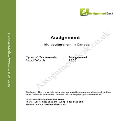 Multiculturalism in Canada Assignment Sample