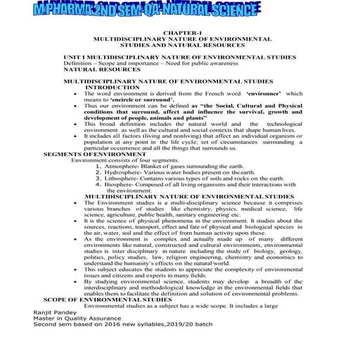 Multidisciplinary nature of environmental studies: Natural Resources, Renewab...