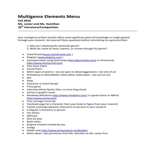 Multigenre Elements Menu Fall 2010