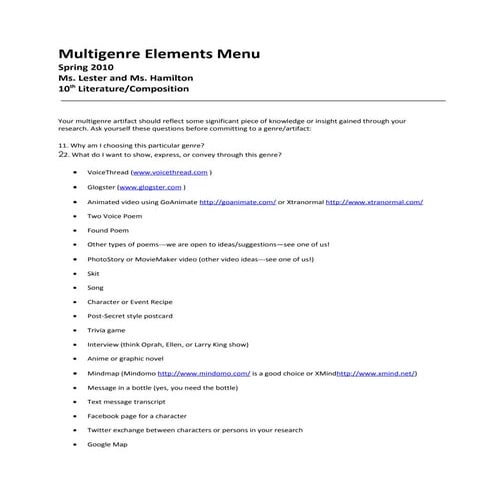 Multigenre Elements Menu Spring 2010