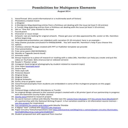 Multigenre Elements Possibilities, August 2014 Update