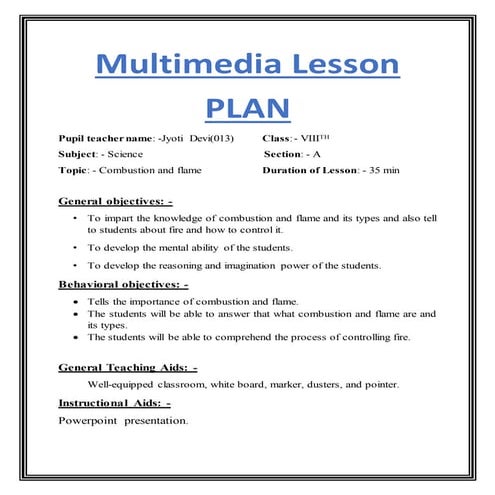 Multimedia lesson plan of  combustion and flame
