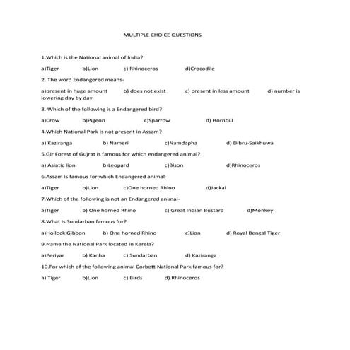 Multiple choice questions on endangered animals