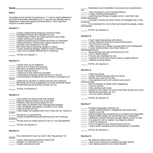Multiple intelligences test | PDF