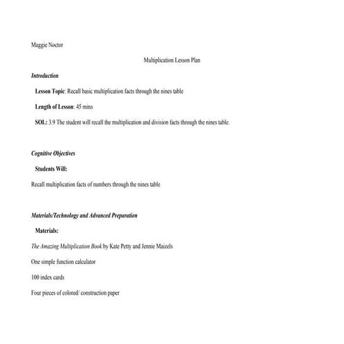 Multiplication lesson plan | DOC