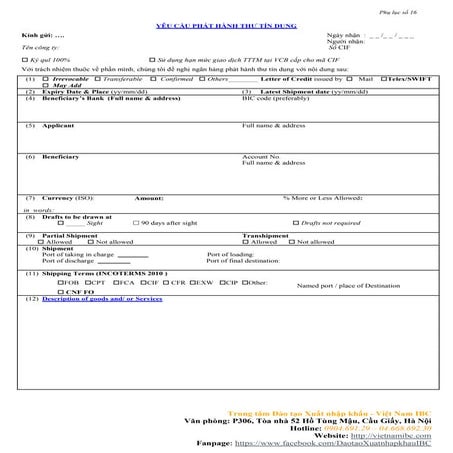 Mẫu đơn phát hành thư tín dụng L/C - Việt Nam IBC