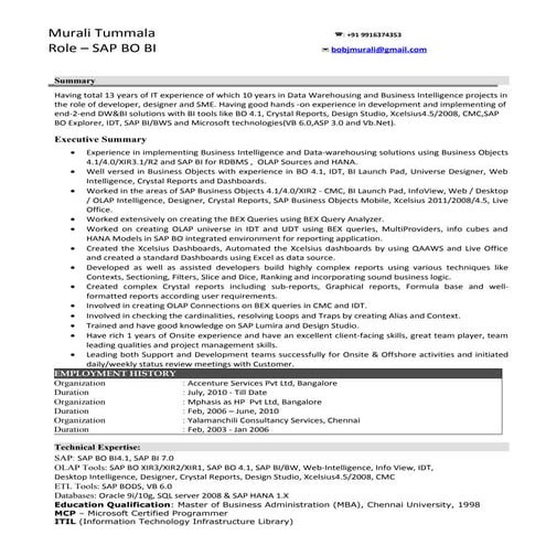 Murali tummala resume in SAP BO/BI
