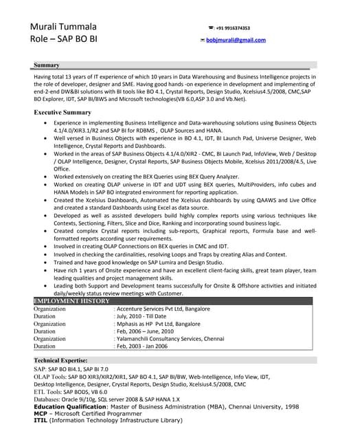 Murali tummala resume in SAP BO/BI