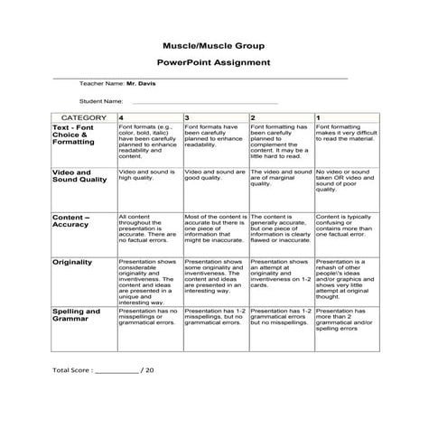 Muscle Groups and Exercises - RUBRIC