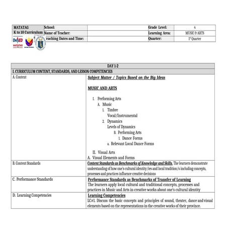 Pilot Implementation of the MATATAG K to 10 Curriculum: Music and Arts ...