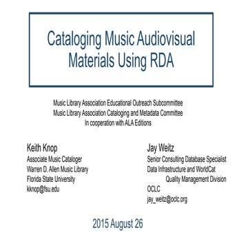MLA Workshop: Cataloging Music Audiovisual Materials Using RDA