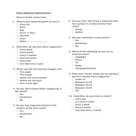 Music magazine questionnaire