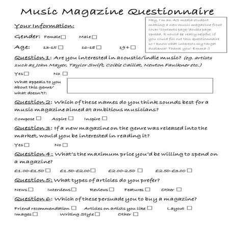 Music Magazine Questionnaire
