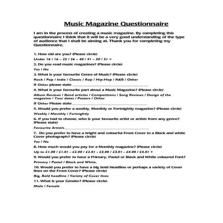 Music magazine questionnaire