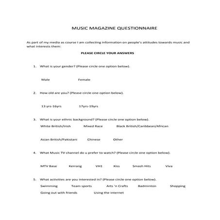 Music Magazine Questionaire [ Pie Chart] | PPTX
