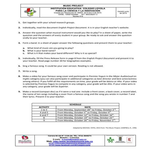 MUSIC PROJECT SCHEDULE