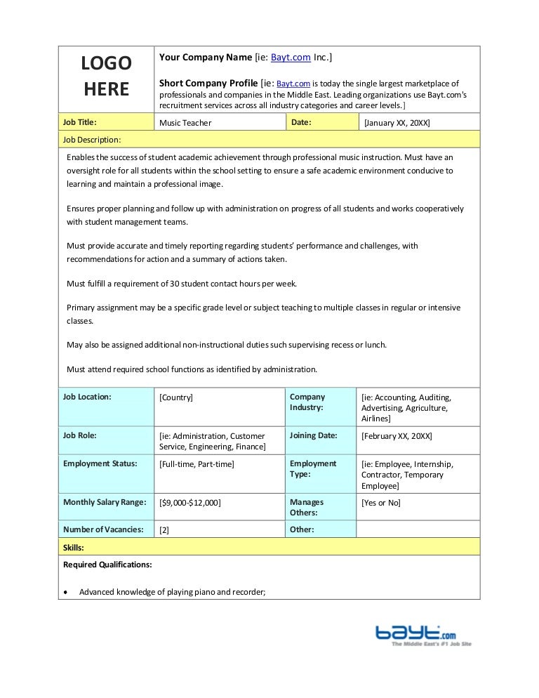 music teacher job description template by bayt com music teacher job descriptions