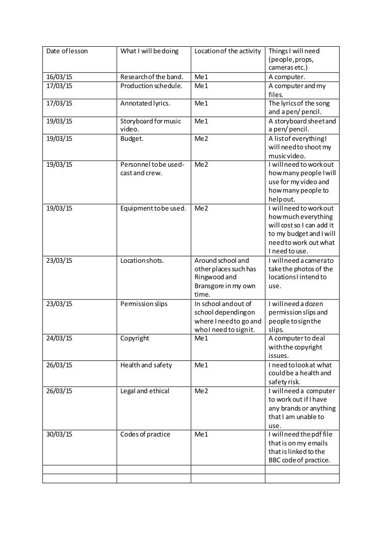 Music Video Production Schedule