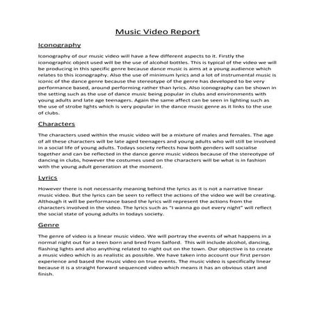 Music video report of ideas