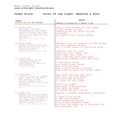Music video script lover of the light | DOCX