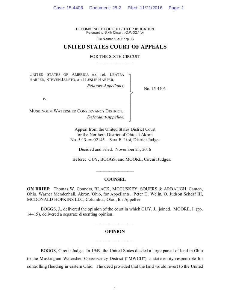 sixth circuit court of appeals decision in harper v muskingum watersh