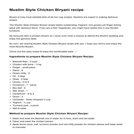 Muslim style chicken biryani recipe