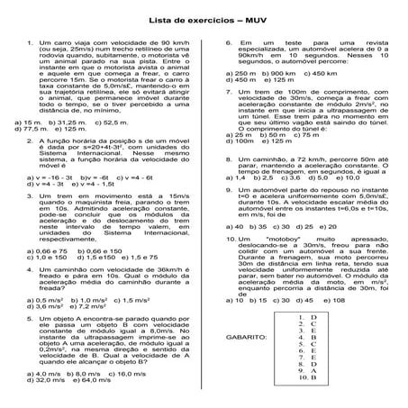 lista de exercícios de mru e mruv | PDF