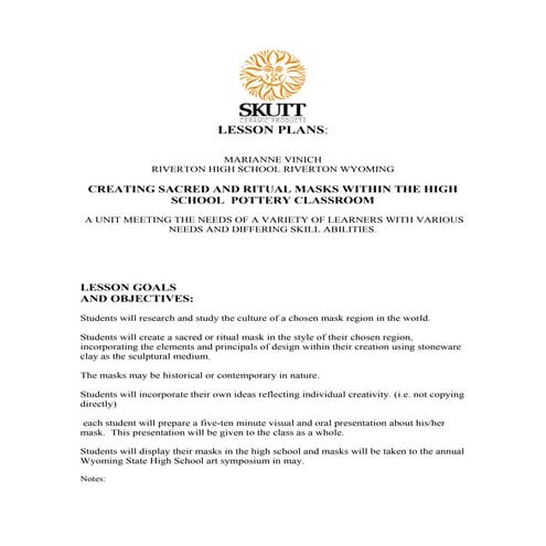 M Vinich Lesson 1 :: Creating sacred and ritual masks within the high school ...