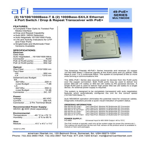 American Fibertek MX49SXSTPOEPLUS Data Sheet